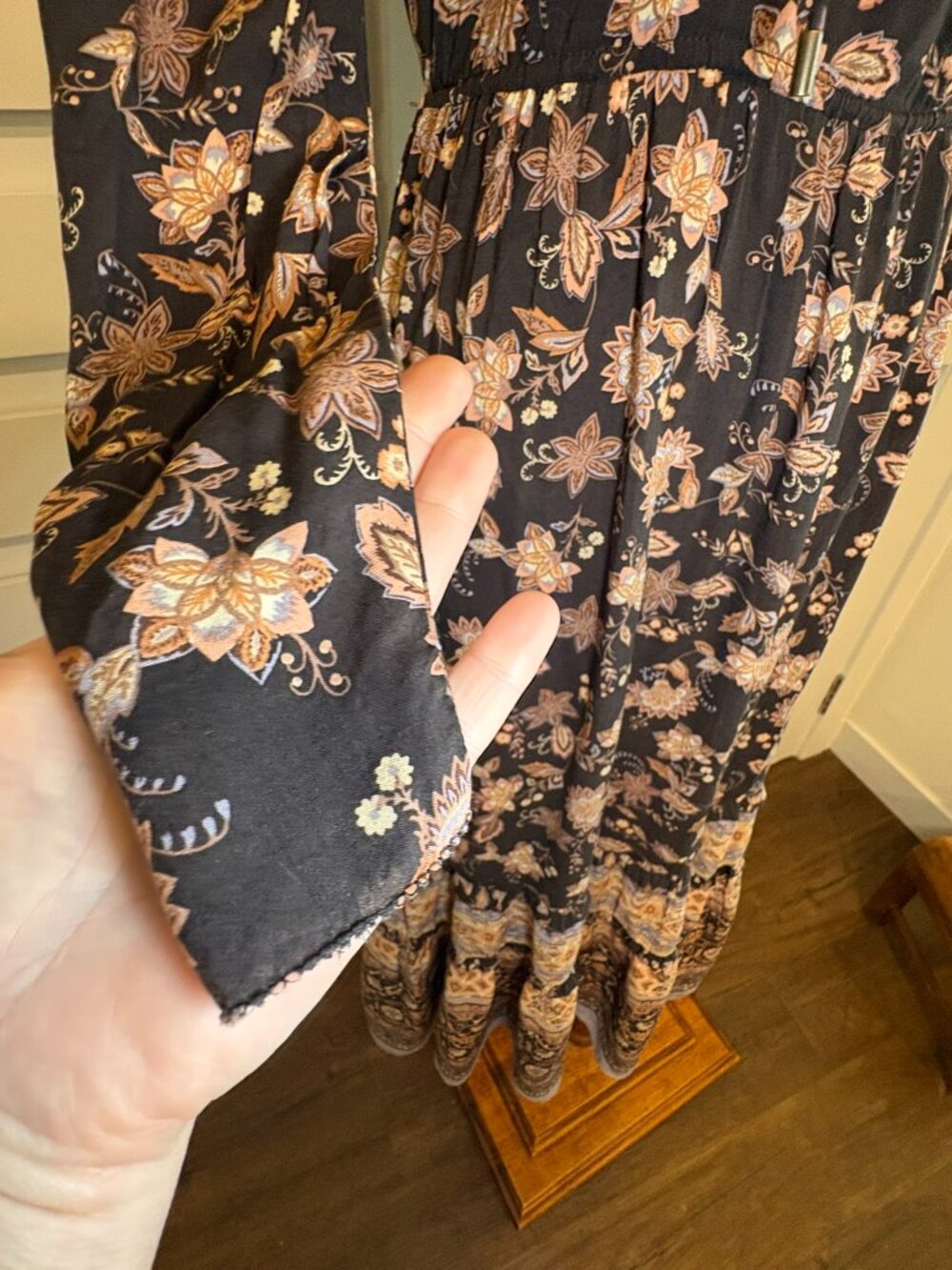 Olivaceous Prairie Floral Tiered Maxi Dress Black Boho Whimsgoth Long Sleeve S - Picture 7 of 14